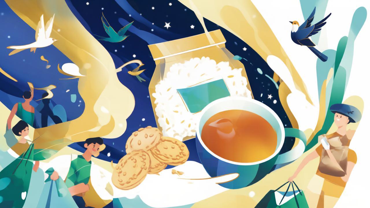 Коллаж из символов праздников 20 сентября: рис, чай, птицы и волонтёры